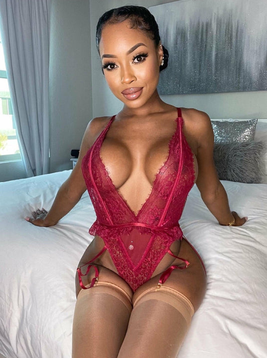 Burgundy Peplum Lace Teddy (Queen Size Only) - NinaDoesTheMost